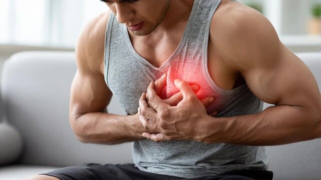 Man in grey tank top suffers from heart attack symptoms, holding his chest in pain at home.
