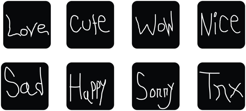 Emotion icons, hand-drawn expression faces, cute black chat boxes, white text