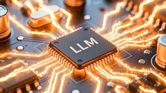 Macro shot of a central processing unit labeled LLM with orange light flowing through circuit lines.