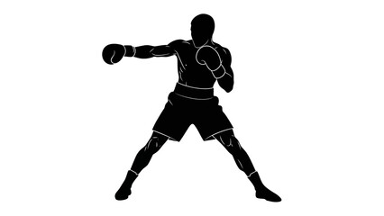Obraz premium Black silhouette of a boxer in a fighting stance, throwing a punch against a white background, conveying a sense of sports and athleticism.