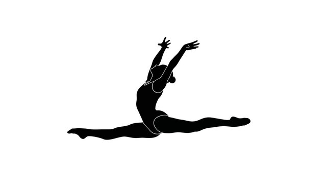 A black silhouette illustration of a dancer in mid-split jump against a clean white background, conveying a sense of dynamic movement and athleticism in a minimalist design.