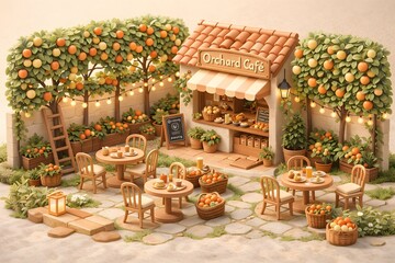 Obraz premium Charming orchard cafe scene with coffee, pastries, blooming fruit trees, and warm string lights, a cozy outdoor lifestyle setting ideal for cafe branding
