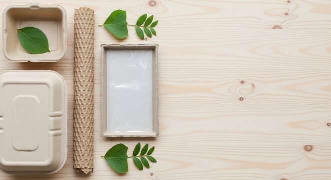 Eco friendly food packaging and tableware with green leaves on light wooden background, promoting sustainable zero waste lifestyle and biodegradable materials

