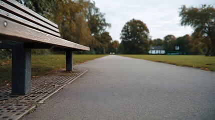 Obraz premium A serene park scene with an empty wooden bench beside a paved pathway leading towards distant trees and a house on a tranquil day