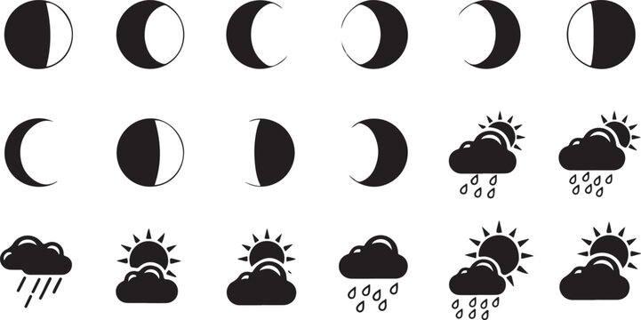 Set of 14 weather and moon phase icons vector isolated on Transparent Background