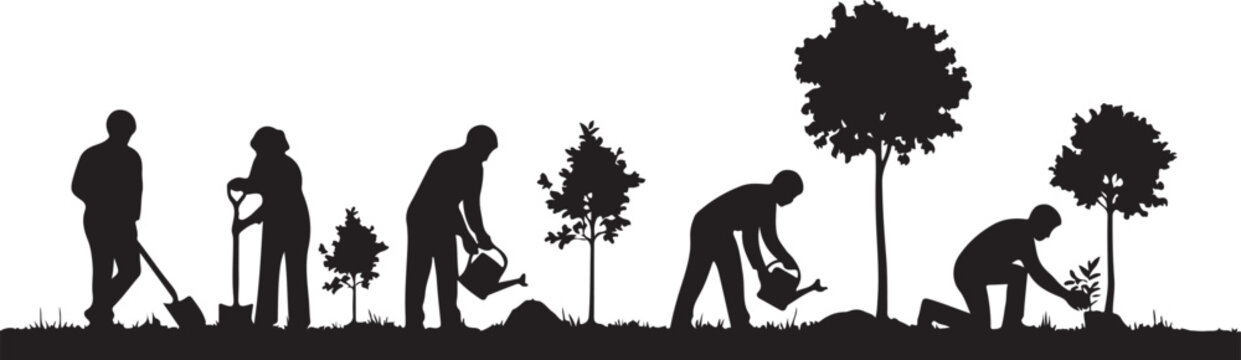 Set of 7 people planting trees vector silhouettes isolated on Transparent Background