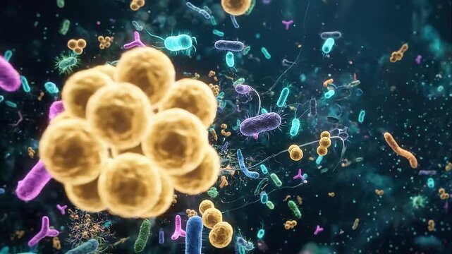 Immersive visualization of a bustling microbial landscape, revealing diverse bacteria and cellular structures in a dynamic, intricate biological ecosystem