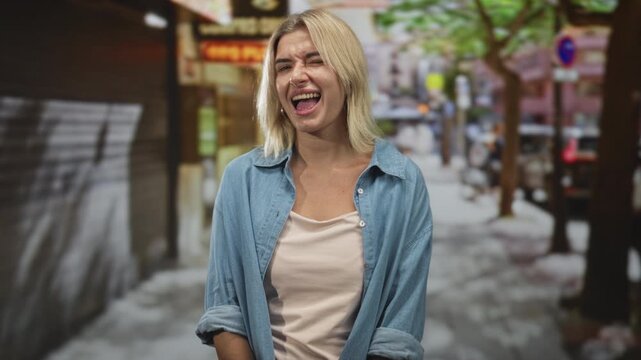 Woman with eyes closed and gentle smile wearing denim shirt with rolled sleeves in candid midshot on urban street; playful joy.