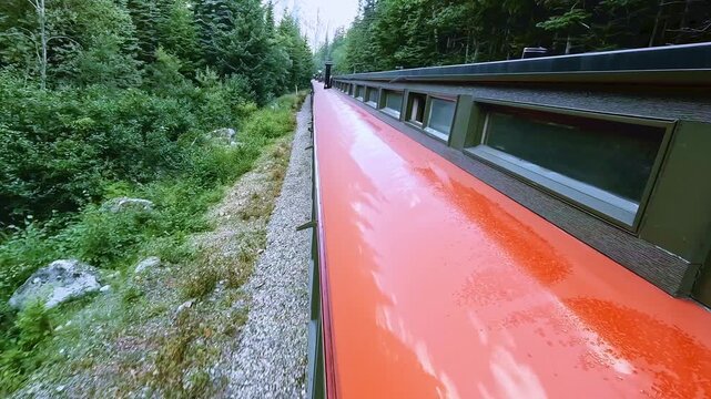 White Pass train ride between Skagway Alaska and Whitehorse Yukon Canada. Beautiful sunny day with white clouds and blue sky