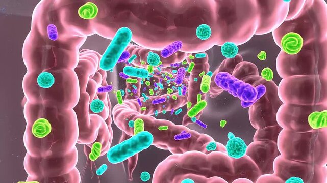 Microscopic view of the human gut microbiome, a complex ecosystem of bacteria and other microorganisms