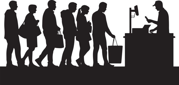 Black silhouettes of people in line at airport customs