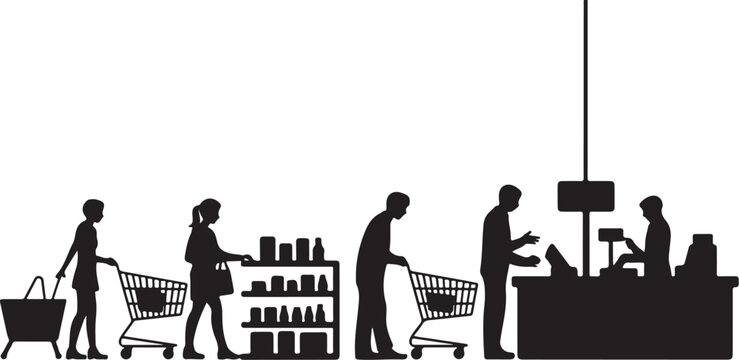 Black silhouettes of people shopping and checking out at a store