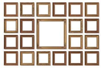 Fototapeta premium Collection of Vintage Empty Picture Frames Isolated on White Background Classic Ornate Gold Wooden Frames Set Clean Studio Lighting Mockup Template
