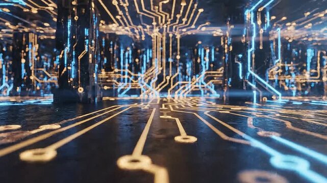 Digital Pathways: An artistic rendering of a digital circuit board illuminates a futuristic landscape of interconnected pathways, capturing the complexity and innovation of technology.