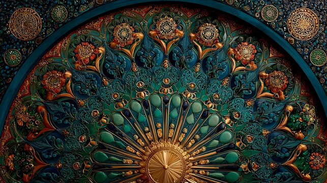 Ornate Islamic architectural pattern with geometric gold lines and floral motifs. Luxury middle eastern decorative background.