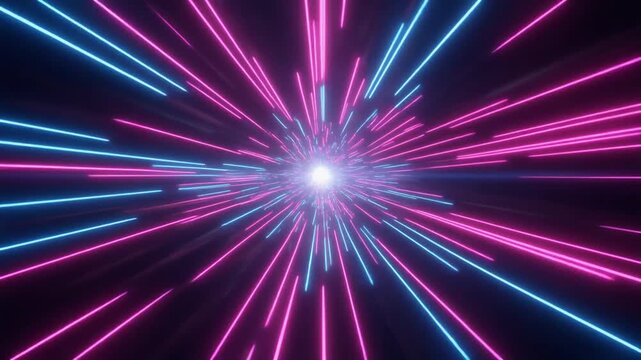 Vibrant neon lines radiate dynamically from a central point in a dark space.