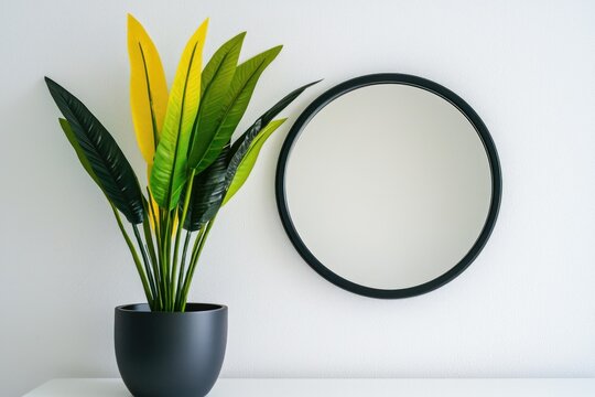A modern interior design featuring a stylish plant and a round mirror in a minimalistic setting.