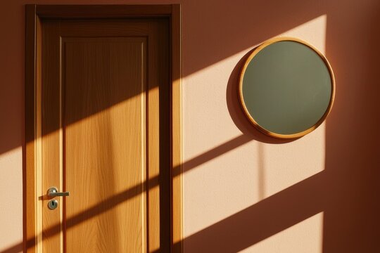 A minimalist interior featuring a wooden door and circular mirror with soft sunlight casting shadows.