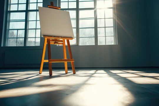 An empty easel illuminated by sunlight in a spacious art studio with large windows.