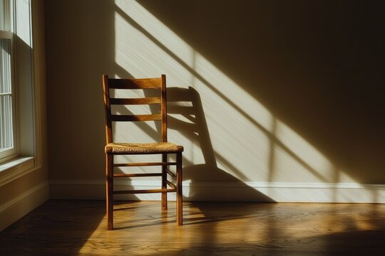 A rustic wooden chair casting shadows in a sunlit room with minimalist decor.
