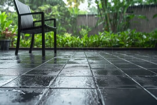 A tranquil setting featuring a black chair on a wet patio during a rainy day surrounded by lush greenery.