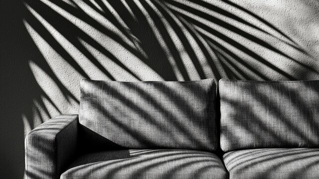 A modern interior scene featuring a cozy grey couch with dramatic palm shadows casting on the wall.