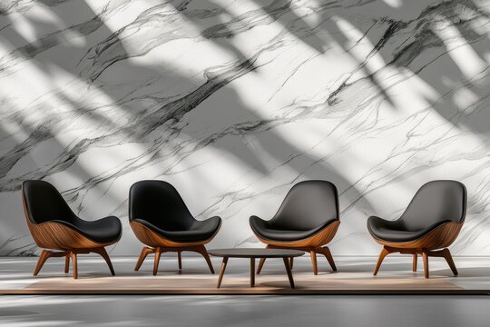 A modern interior design showcasing stylish black chairs and a minimalist coffee table against a marble wall.