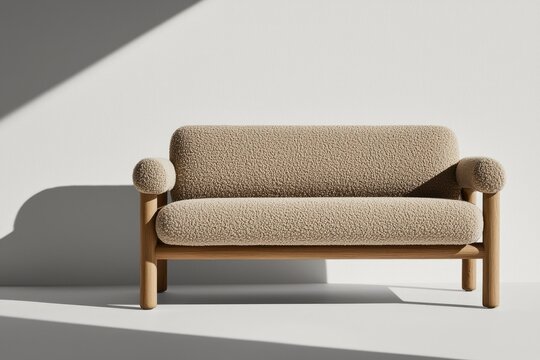 A modern and stylish sofa in a minimalist interior setting with soft natural light and shadows creating a serene atmosphere.