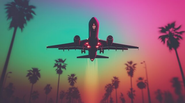 An airplane taking off against a vibrant sunset with palm trees in the foreground.