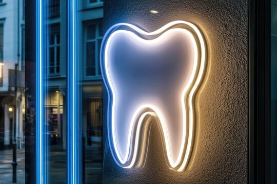 A glowing neon tooth sign illuminating a dental clinic entrance at night.