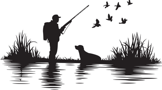 Hunter and dog by water with birds flying grass