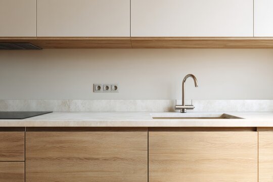 Modern kitchen with wood cabinets and chrome faucet above sink.