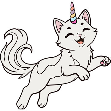 Adorable cartoon caticorn jumping happily. White cat with a pastel unicorn horn.
