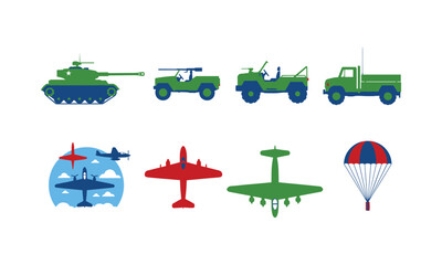 Vintage military vehicles and aircraft illustrated in colorful icons © MDSAJEEB