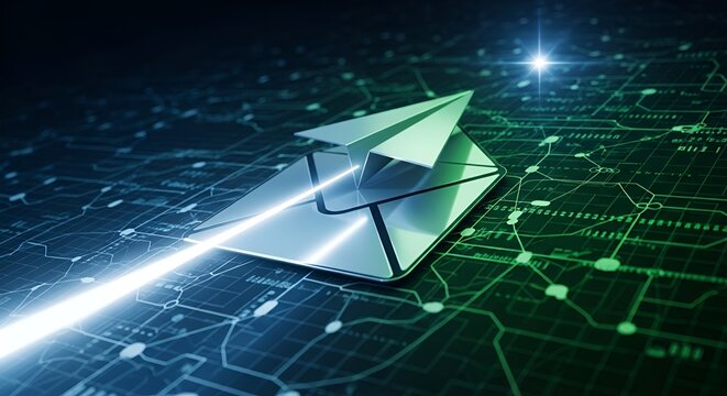 A sleek paper airplane flies through a futuristic green circuit board