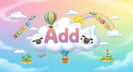 Naklejka premium A colorful cartoon illustration of a cloud with the word Add on it
