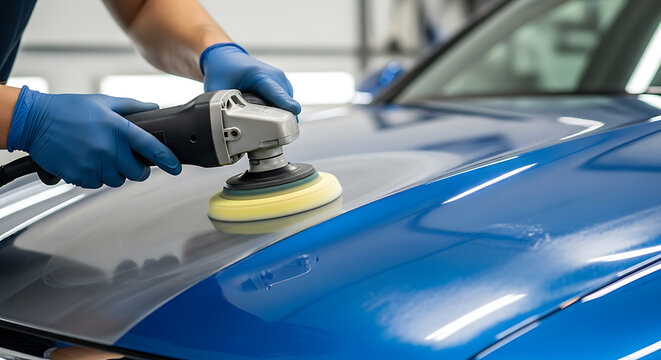 Professional car detailer polishing blue car hood with orbital polisher for paint correction and high gloss finish.