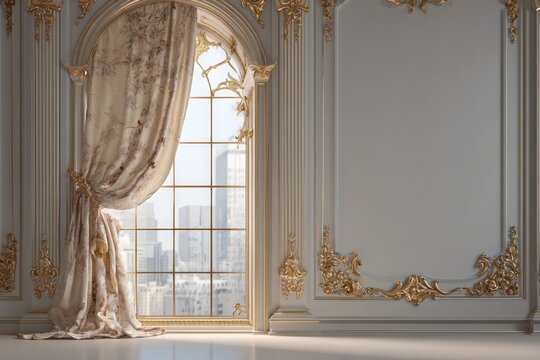 Ornate interior with arched window and draped curtains reveals cityscape.