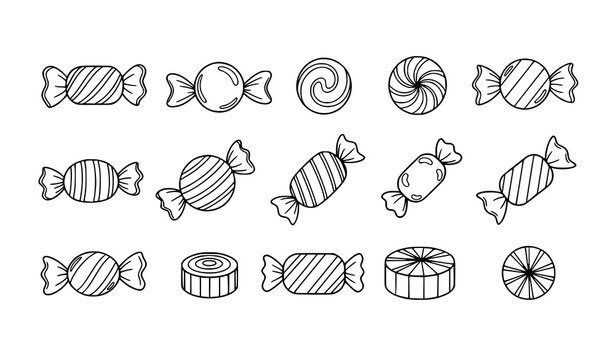 Black and white candy icon set wrapped sweets confectionery vector illustration