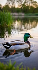 Fototapeta premium Mallard duck gracefully swimming on a tranquil lake with reflections.