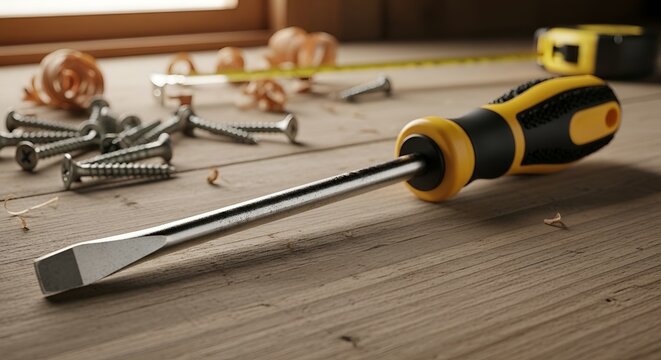 A screwdriver and various tools scattered on a wooden workbench surface