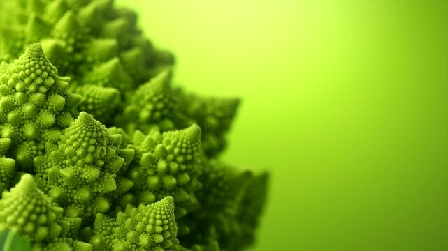 Romanesco broccoli cabbage or Roman Cauliflower abstract texture on green background, macro shot. Fresh Food border design, vegan backdrop, slow motion, rotating.   