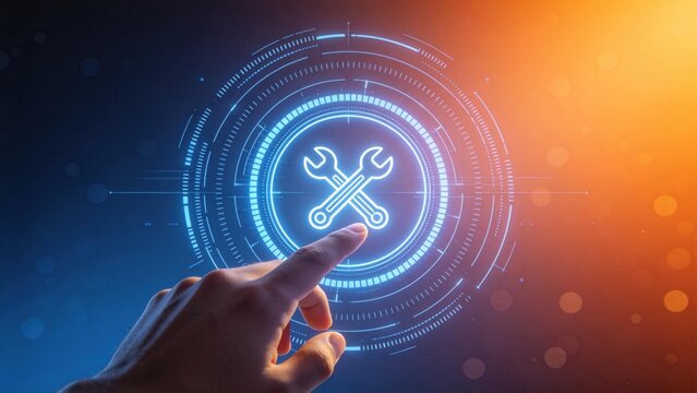 Hand touching futuristic repair icon interface with crossed wrenches,technical support maintenance service concept in digital technology environment with blue and orange light