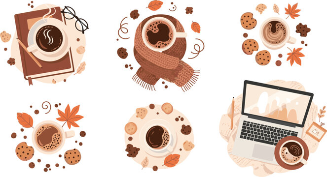 Autumn coffee compositions with cups, cookies, leaves and cozy elements, warm fall aesthetic cafe scenes top view vector illustration set