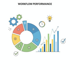 Fototapeta premium Stylized infographic showing gears, pie chart, progress bar, clock, and lightbulb
