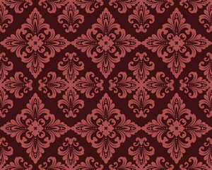 Fototapeta premium Elegant vintage Damask pattern in deep red tones, featuring intricate ornamental details and a symmetrical seamless layout. The design conveys a sense of luxury and classic sophistication.