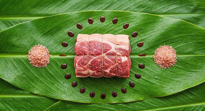 Overhead flat lay of raw Kalua Pork and pink salt on a vivid green Ti leaf