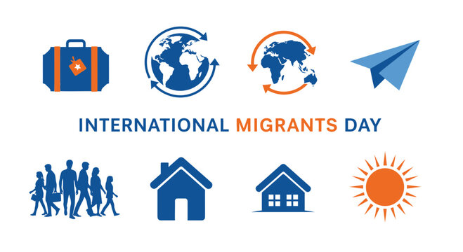 Graphic design for International Migrants Day featuring blue and orange icons