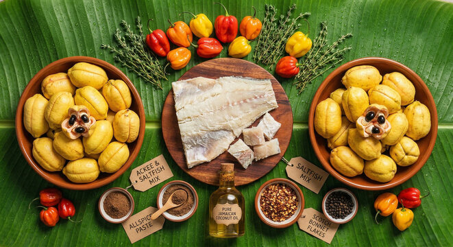 Overhead flat lay of Ackee and Saltfish ingredients on a fresh tropical palm leaf