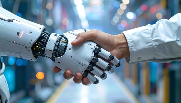 A human and robotic hand shake in a futuristic factory setting